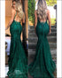 Sexy Mermaid Evening Dress Dark Green Lace Evening Gowns Backless Spaghetti Straps 2018 New